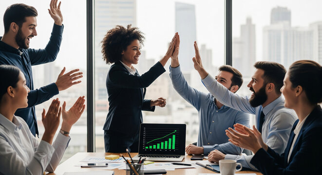 Happy office worker and project manager celebrate in meeting room after successfully achieving business task on time and on schedule. Project management tracking software for business success. Prudent - Powered by Adobe
