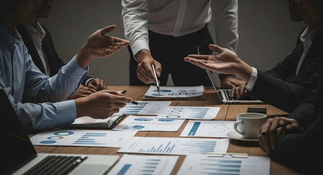 Confident meeting working with diverse team in office briefing. Mixed race business leader focused on meeting, collaborating and discussing business ideas with colleagues in meeting.