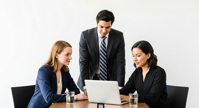 Confident meeting working with diverse team in office briefing. Mixed race business leader focused on meeting, collaborating and discussing business ideas with colleagues in meeting. - Powered by Adobe