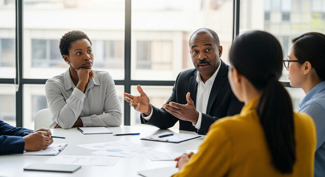 Confident meeting working with diverse team in office briefing. Mixed race business leader focused on meeting, collaborating and discussing business ideas with colleagues in meeting.