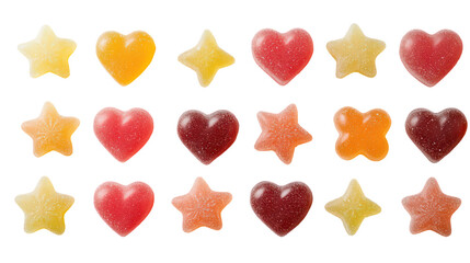 Assorted gummy candies in star and heart shapes isolated on transparent background
