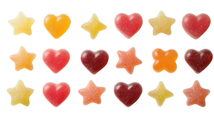 Assorted gummy candies in star and heart shapes isolated on transparent background