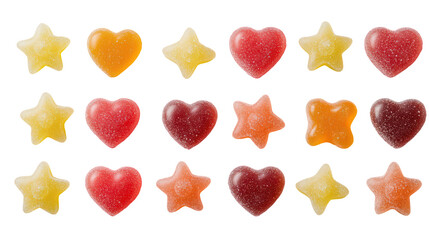Assortment of colorful gummy candies in star and heart shapes isolated on transparent background