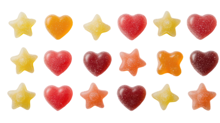 Assortment of colorful gummy candies in star and heart shapes isolated on transparent background