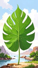 Vibrant green leaf against a landscape