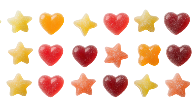 Assortment of colorful gummy candy hearts and stars isolated on transparent background