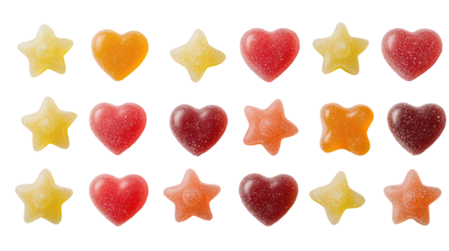 Assortment of colorful gummy candies in star and heart shapes isolated on transparent background - Powered by Adobe