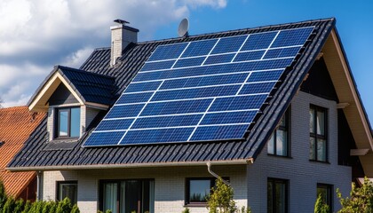 Fototapeta premium A modern house features solar panels installed on its dark gray tiled roof, complementing the light gray brick exterior.