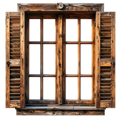 A weathered, wooden window with open shutters. The panes are empty, showing a dark void