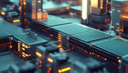 The image shows a close-up view of a complex technological structure with glowing orange accents and teal panels, appearing futuristic and advanced.