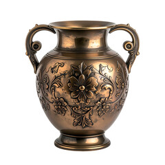 A detailed, antique bronze vase with handles, floral relief carvings, and a black background
