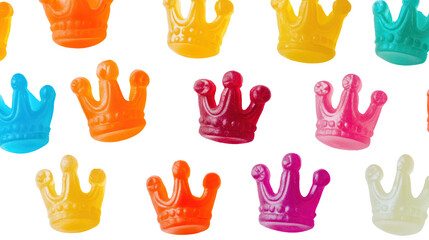 Flat lay of miniature gummy candy crowns and tiaras in bright colors isolated