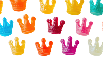 Flat lay of miniature gummy candy crowns and tiaras in bright colors isolated