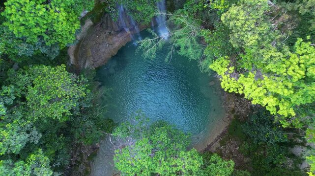 Aerial view of La Golondrina Waterfall in Salcedo, Dominican Republic