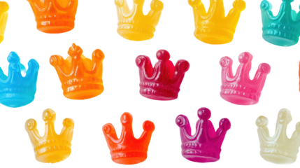 Flat lay of miniature gummy candy crowns and tiaras in bright colors isolated