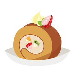 Delicious cocholate Roll Cake with Cream and Strawberry Decoration Vector