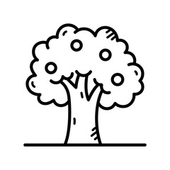 Simple Black Outline Doodle of a Fruit Tree With a Transparent Background and a Single Line Ground Element