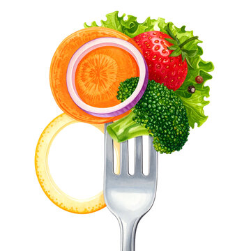 A fork impales a colorful assortment of raw vegetables and fruit