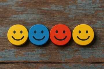 Colorful Smiley Faces Arranged on Rustic Wood Background, Symbolizing Happiness and Positive Emotion