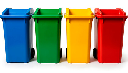 Four vibrantly colored recycling bins arranged in a row, promoting proper waste management and environmental sustainability