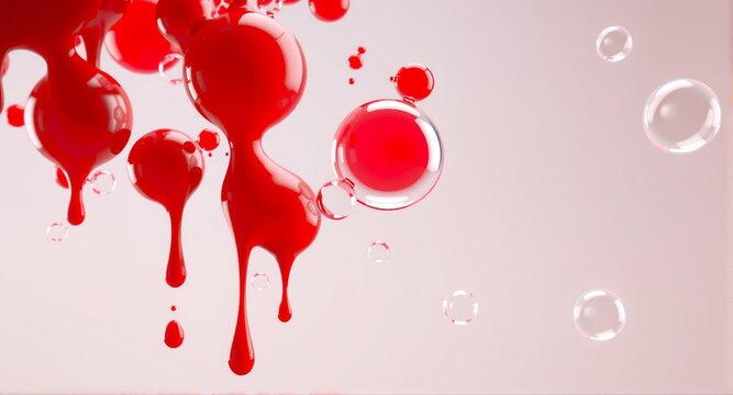 An abstract illustration with dynamic elements of red paint spilling and transparent bubbles floating against a soft pink gradient backdrop. The visual portrays movement.