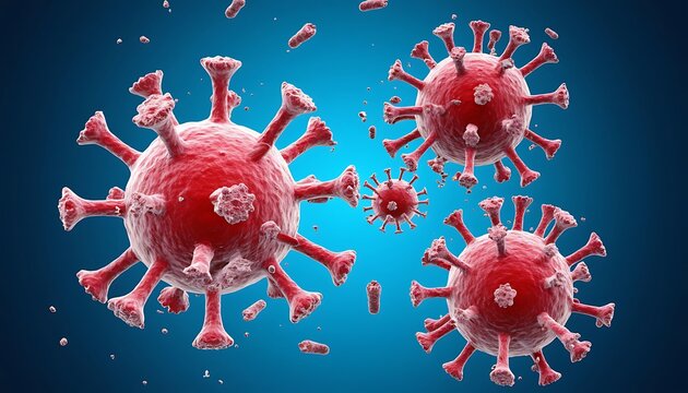 Red coronavirus cells clustered in microscopic 3D view symbolizing COVID-19 pandemic, viral infection, and global health crisis