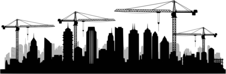 Obraz premium City skyline silhouette with cranes and skyscrapers at sunset — industrial urban growth and architecture background