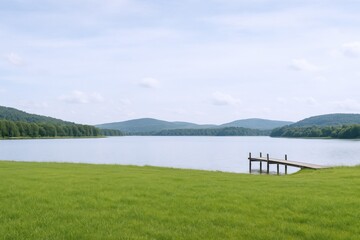 Obraz premium Serene Lake Landscape with Green Meadow and Distant Hills Under a Clear Sky