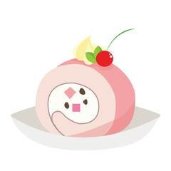 Delicious Stawberry Roll Cake with Cream and Strawberry Decoration Vector