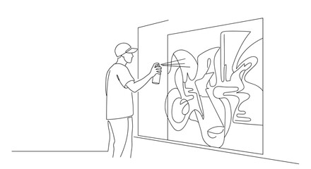 Fototapeta premium Vector line drawing of a person spraying graffiti art on a wall with a can of spray paint in hand