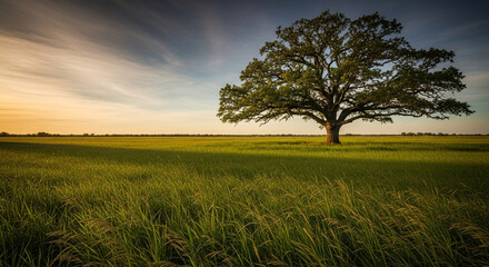 Fototapeta premium A lone tree in a field at sunset, with dramatic sky and golden light, evoking a sense of peace, solitude, and the beauty of the natural world
