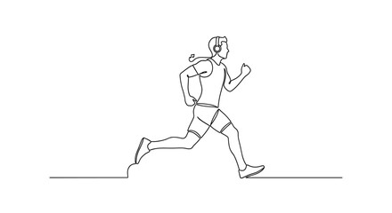 Vector continuous line drawing of a man running with headphones and a musical note following him