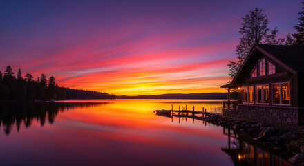 Fototapeta premium A picturesque lakeside cabin is bathed in the vibrant colors of a breathtaking sunset, with the sky ablaze in hues of pink, orange, and purple