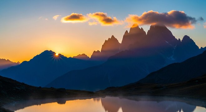 Majestic mountain peaks are silhouetted against a vibrant sunrise, with golden light illuminating the clouds and reflecting on the tranquil lake below
