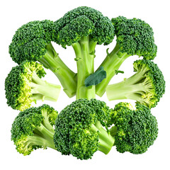 Bright green broccoli heads arranged, showcasing stalks and textures, digitally rendered