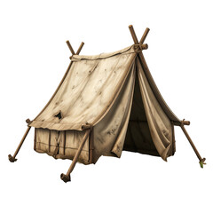 A worn, old canvas tent erected with wooden poles. Dark background