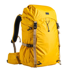 Bright yellow backpack with padded straps, buckles, and compression straps, isolated on black