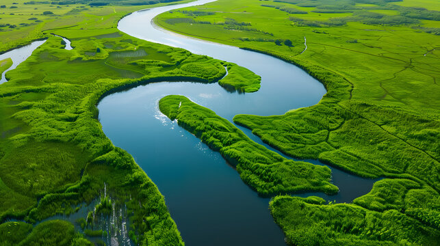 River Winding Through Green Wetlands
