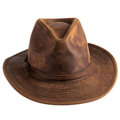 A weathered, brown leather hat with a pinched crown and wide brim, set against black