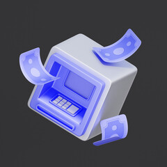 3D icon of an ATM machine with floating banknotes For cash withdrawal, accessing bank funds, financial transactions, and getting paper money.