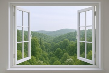 Fototapeta premium Open Window Overlooking Verdant Hills: Fresh Air and Natural Beauty in a Bright Interior