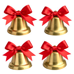 Four golden bells with red bows on a black background, a festive arrangement
