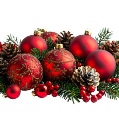 Festive Christmas arrangement featuring red ornaments, pinecones, berries, and evergreen branches
