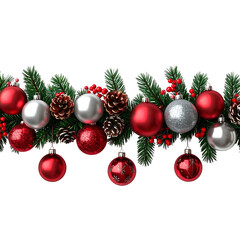 Festive garland border features evergreen, baubles, pinecones, and red berries against black