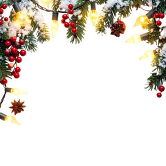 Festive garland of pine, berries, lights, and snow arches over black background