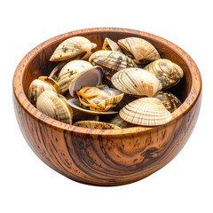 A wooden bowl overflows with fresh clams, some open, showcasing the seafood