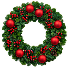 A festive circular evergreen wreath adorned with red ornaments and berries, a pinecone