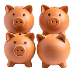 Four identical terracotta-colored piggy banks arranged closely, on a black background