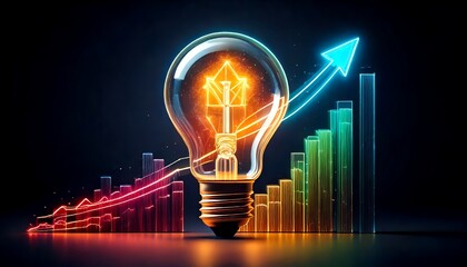 Image of a glowing lightbulb representing an idea or innovation, with a financial growth chart, and an arrow indicating a rising trend. Hints: ideas, growth, innovative, financial success.
