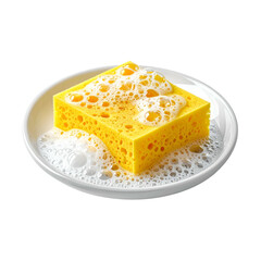 A vibrant yellow sponge overflowing with bubbly suds in a round white dish